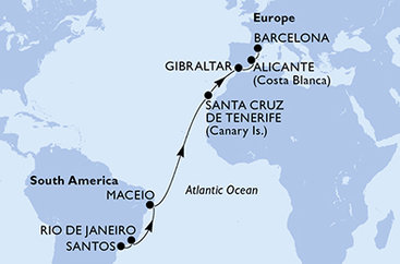 Brazília, Španielsko, Gibraltár zo Santosu na lodi MSC Seaview