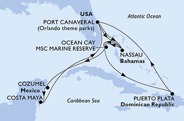 USA, Bahamy, Dominikánska republika, Mexiko z Port Canaveralu na lodi MSC Grandiosa