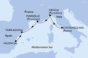 Taliansko, Francúzsko, Tarragona, Španielsko z Civitavechie na lodi MSC Splendida