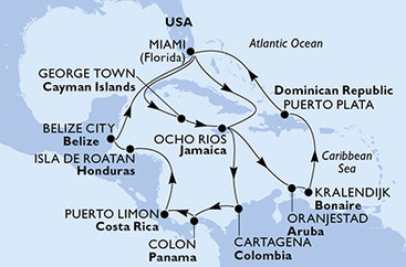 USA, Kajmanské ostrovy, Jamajka, Aruba, Bonaire, Dominikánska republika, Kolumbia, Panama, Kostarika, Honduras, Belize z Miami na lodi MSC Poesia