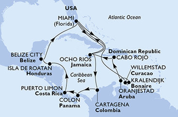 USA, Curacao, Bonaire, Aruba, Dominikánska republika, Jamajka, Kolumbia, Panama, Kostarika, Honduras, Belize z Miami na lodi MSC Poesia