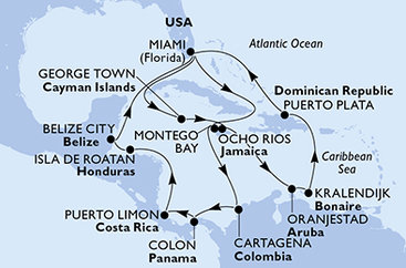 USA, Jamajka, Kolumbia, Panama, Kostarika, Honduras, Belize, Kajmanské ostrovy, Aruba, Bonaire, Dominikánska republika z Miami na lodi MSC Poesia