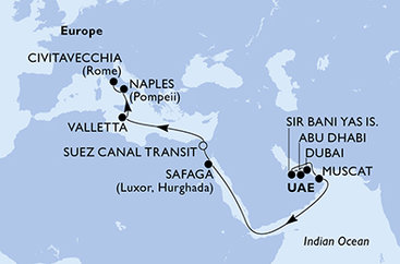 Spojené arabské emiráty, Omán, Egypt, Malta, Taliansko z Dubaja na lodi MSC World Europa