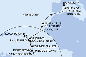 Barbados, Grenada, Svätý Vincent a Grenadiny, Martinik, Guadeloupe, Svatý Martin, Britské Panenské ostrovy, Antigua a Barbuda, Španielsko z Bridgetownu na lodi MSC Seaview