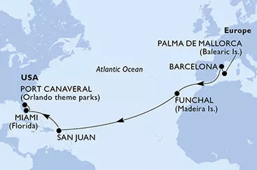 Španielsko, Portugalsko, USA z Palmy de Mallorca na lodi MSC Grandiosa