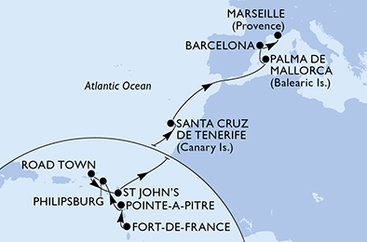 Martinik, Guadeloupe, Svatý Martin, Britské Panenské ostrovy, Antigua a Barbuda, Španielsko, Francúzsko z Fort de France, Martinik na lodi MSC Seaview