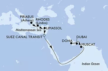 Grécko, Cyprus, Egypt, Omán, Katar, Spojené arabské emiráty z Pireusu na lodi MSC World Europa
