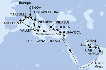 Taliansko, Malta, Španielsko, Francúzsko, Grécko, Cyprus, Egypt, Omán, Katar, Spojené arabské emiráty z Messiny na lodi MSC World Europa