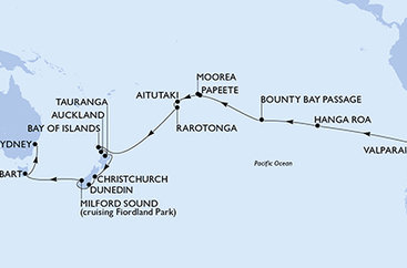 Chile, Zámořské území Velké Británie, Francouzská Polynésie, Cookovy ostrovy, Nový Zéland, Austrália z Valparaisa na lodi MSC Magnifica