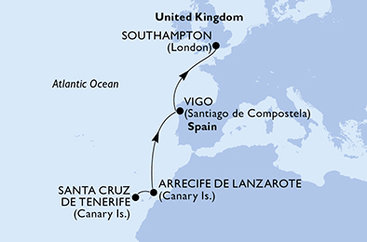 Španielsko, Veľká Británia z Tenerife na lodi MSC Virtuosa