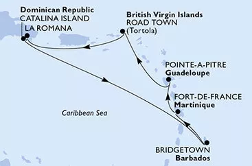 Dominikánska republika, Barbados, Martinik, Guadeloupe, Britské Panenské ostrovy z La Romany na lodi MSC Opera