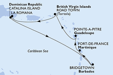 Dominikánska republika, Barbados, Martinik, Guadeloupe, Britské Panenské ostrovy z La Romany na lodi MSC Opera