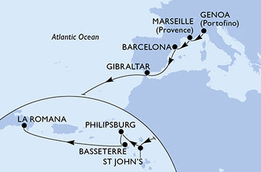 Taliansko, Francúzsko, Španielsko, Gibraltár, Antigua a Barbuda, Svatý Martin, Svätý Krištof a Nevis, Dominikánska republika z Janova na lodi MSC Opera