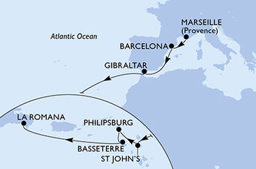 Francúzsko, Španielsko, Gibraltár, Antigua a Barbuda, Svatý Martin, Svätý Krištof a Nevis, Dominikánska republika z Marseille na lodi MSC Opera