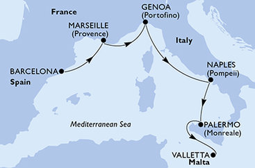 Španielsko, Francúzsko, Taliansko, Malta z Barcelony na lodi MSC Seaview
