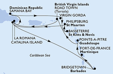 Martinik, Guadeloupe, Britské Panenské ostrovy, Dominikánska republika, Veľká Británia, Svätý Krištof a Nevis, Svatý Martin, Barbados z Fort de France, Martinik na lodi MSC Opera