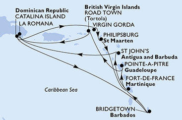 Barbados, Martinik, Guadeloupe, Britské Panenské ostrovy, Dominikánska republika, Veľká Británia, Svatý Martin, Antigua a Barbuda z Bridgetownu na lodi MSC Opera
