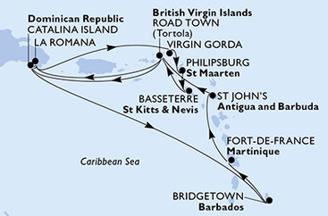Martinik, Antigua a Barbuda, Britské Panenské ostrovy, Dominikánska republika, Veľká Británia, Svatý Martin, Svätý Krištof a Nevis, Barbados z Fort de France, Martinik na lodi MSC Opera