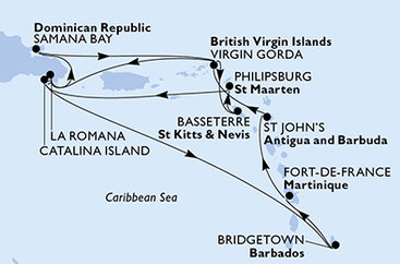 Martinik, Antigua a Barbuda, Veľká Británia, Dominikánska republika, Svätý Krištof a Nevis, Svatý Martin, Barbados z Fort de France, Martinik na lodi MSC Opera