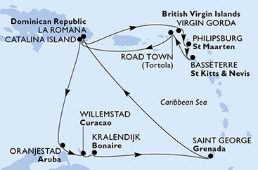 Dominikánska republika, Veľká Británia, Svatý Martin, Svätý Krištof a Nevis, Britské Panenské ostrovy, Aruba, Curacao, Bonaire, Grenada z La Romany na lodi MSC Opera