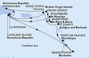 Dominikánska republika, Barbados, Martinik, Antigua a Barbuda, Britské Panenské ostrovy, Veľká Británia, Svätý Krištof a Nevis, Svatý Martin z La Romany na lodi MSC Opera