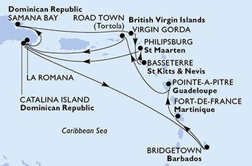 Dominikánska republika, Barbados, Martinik, Guadeloupe, Britské Panenské ostrovy, Veľká Británia, Svätý Krištof a Nevis, Svatý Martin z La Romany na lodi MSC Opera