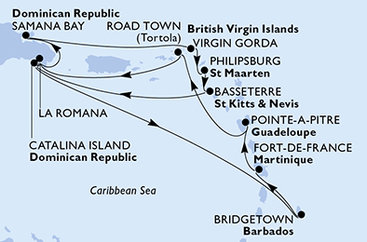 Dominikánska republika, Barbados, Martinik, Guadeloupe, Britské Panenské ostrovy, Veľká Británia, Svatý Martin, Svätý Krištof a Nevis z La Romany na lodi MSC Opera