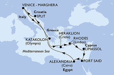 Taliansko, Grécko, Cyprus, Egypt, Chorvátsko z Marghery na lodi MSC Lirica