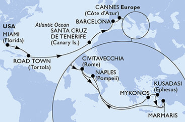 USA, Britské Panenské ostrovy, Španielsko, Francúzsko, Taliansko, Grécko, Turecko z Miami na lodi MSC Divina