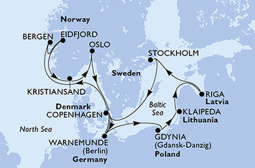 Nemecko, Poľsko, Litva, Lotyšsko, Švédsko, Dánsko, Nórsko, Oslo z Warnemünde na lodi MSC Magnifica