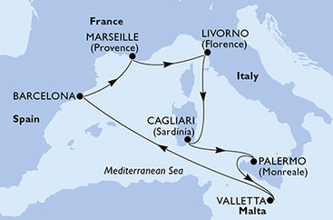 Taliansko, Malta, Španielsko, Francúzsko z Livorna na lodi MSC Splendida