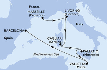 Francúzsko, Taliansko, Malta, Španielsko z Marseille na lodi MSC Splendida