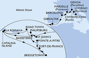 Taliansko, Francúzsko, Španielsko, Gibraltár, Antigua a Barbuda, Svatý Martin, Svätý Krištof a Nevis, Dominikánska republika, Barbados, Martinik, Guadeloupe, Britské Panenské ostrovy z Civitavechie na lodi MSC Opera Taliansko, Francúzsko, Španielsko, Gibraltár, Antigua a Barbuda, Svatý Martin, Svätý Krištof a Nevis, Dominikánska republika, Barbados, Martinik, Guadeloupe, Britské Panenské ostrovy z Civitavechie na lodi MSC Opera