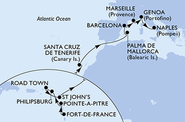 Martinik, Guadeloupe, Svatý Martin, Britské Panenské ostrovy, Antigua a Barbuda, Španielsko, Francúzsko, Taliansko z Fort de France, Martinik na lodi MSC Seaview