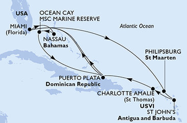 USA, Svatý Martin, Antigua a Barbuda, Dominikánska republika, Bahamy z Miami na lodi MSC Meraviglia
