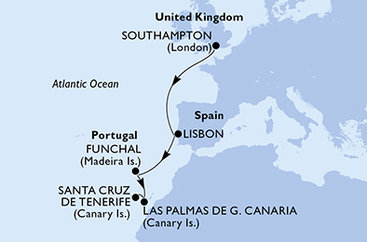 Veľká Británia, Portugalsko, Madeira, Španielsko zo Southamptonu na lodi MSC Virtuosa