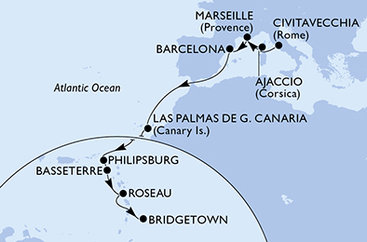 Taliansko, Francúzsko, Španielsko, Svatý Martin, Svätý Krištof a Nevis, Dominika, Barbados z Civitavechie na lodi MSC Seaview Taliansko, Francúzsko, Španielsko, Svatý Martin, Svätý Krištof a Nevis, Dominika, Barbados z Civitavechie na lodi MSC Seaview
