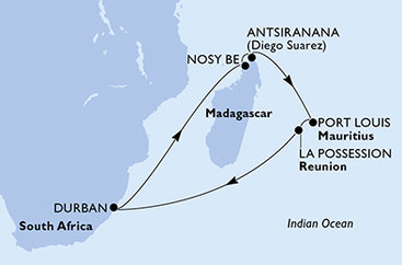 Juhoafrická republika, Madagaskar, Maurícius, Reunion z Durbanu na lodi MSC Opera