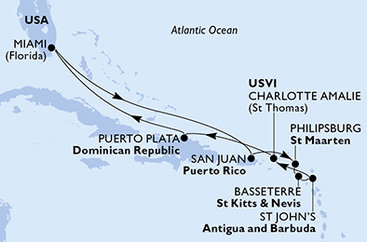 USA, Svatý Martin, Svätý Krištof a Nevis, Antigua a Barbuda, Dominikánska republika z Miami na lodi MSC Divina