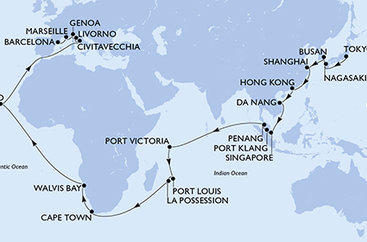 Japonsko, Južná Kórea, Čína, Vietnam, Singapur, Malajzia, Seychely, Maurícius, Reunion, Juhoafrická republika, Namíbia, Kapverdy, Taliansko, Francúzsko, Španielsko z Tokia na lodi MSC Magnifica