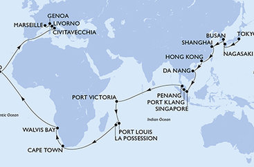 Japonsko, Južná Kórea, Čína, Vietnam, Singapur, Malajzia, Seychely, Maurícius, Reunion, Juhoafrická republika, Namíbia, Kapverdy, Taliansko, Francúzsko z Tokia na lodi MSC Magnifica