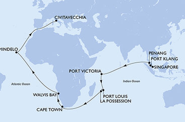 Singapur, Malajzia, Seychely, Maurícius, Reunion, Juhoafrická republika, Namíbia, Kapverdy, Taliansko zo Singapuru na lodi MSC Magnifica