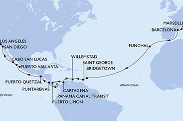 Francúzsko, Španielsko, Portugalsko, Barbados, Grenada, Curacao, Kolumbia, Kostarika, Panama, Guatemala, Mexiko, USA z Marseille na lodi MSC Magnifica
