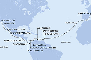 Španielsko, Portugalsko, Barbados, Grenada, Curacao, Kolumbia, Kostarika, Panama, Guatemala, Mexiko, USA z Barcelony na lodi MSC Magnifica