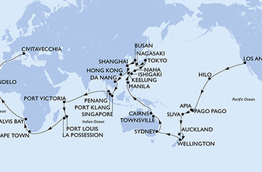 USA, Americká Samoa, Samoa, Fiji, Nový Zéland, Austrália, Filipíny, Tchaj-wan, Japonsko, Južná Kórea, Čína, Vietnam, Singapur, Malajzia, Seychely, Maurícius, Reunion, Juhoafrická republika, Namíbia, Kapverdy, Taliansko na lodi MSC Magnifica