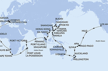USA, Americká Samoa, Samoa, Fiji, Nový Zéland, Austrália, Filipíny, Tchaj-wan, Japonsko, Južná Kórea, Čína, Vietnam, Singapur, Malajzia, Seychely, Maurícius, Reunion, Juhoafrická republika, Namíbia, Kapverdy, Taliansko, Francúzsko na lodi MSC Magnifica