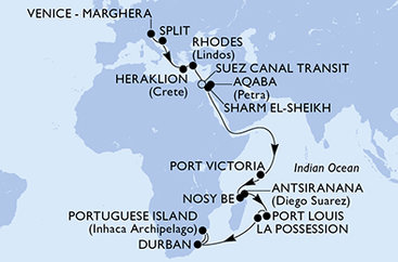 Taliansko, Chorvátsko, Grécko, Egypt, Jordánsko, Seychely, Madagaskar, Maurícius, Reunion, Juhoafrická republika, Mozambik z Marghery na lodi MSC Armonia