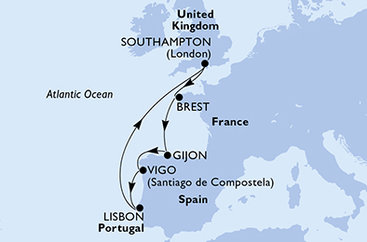Veľká Británia, Francie, Španielsko, Portugalsko zo Southamptonu na lodi MSC Meraviglia