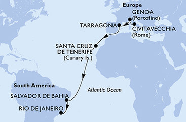 Taliansko, Tarragona, Španielsko, Brazília z Civitavechie na lodi MSC Divina