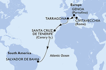Taliansko, Tarragona, Španielsko, Brazília z Civitavechie na lodi MSC Divina